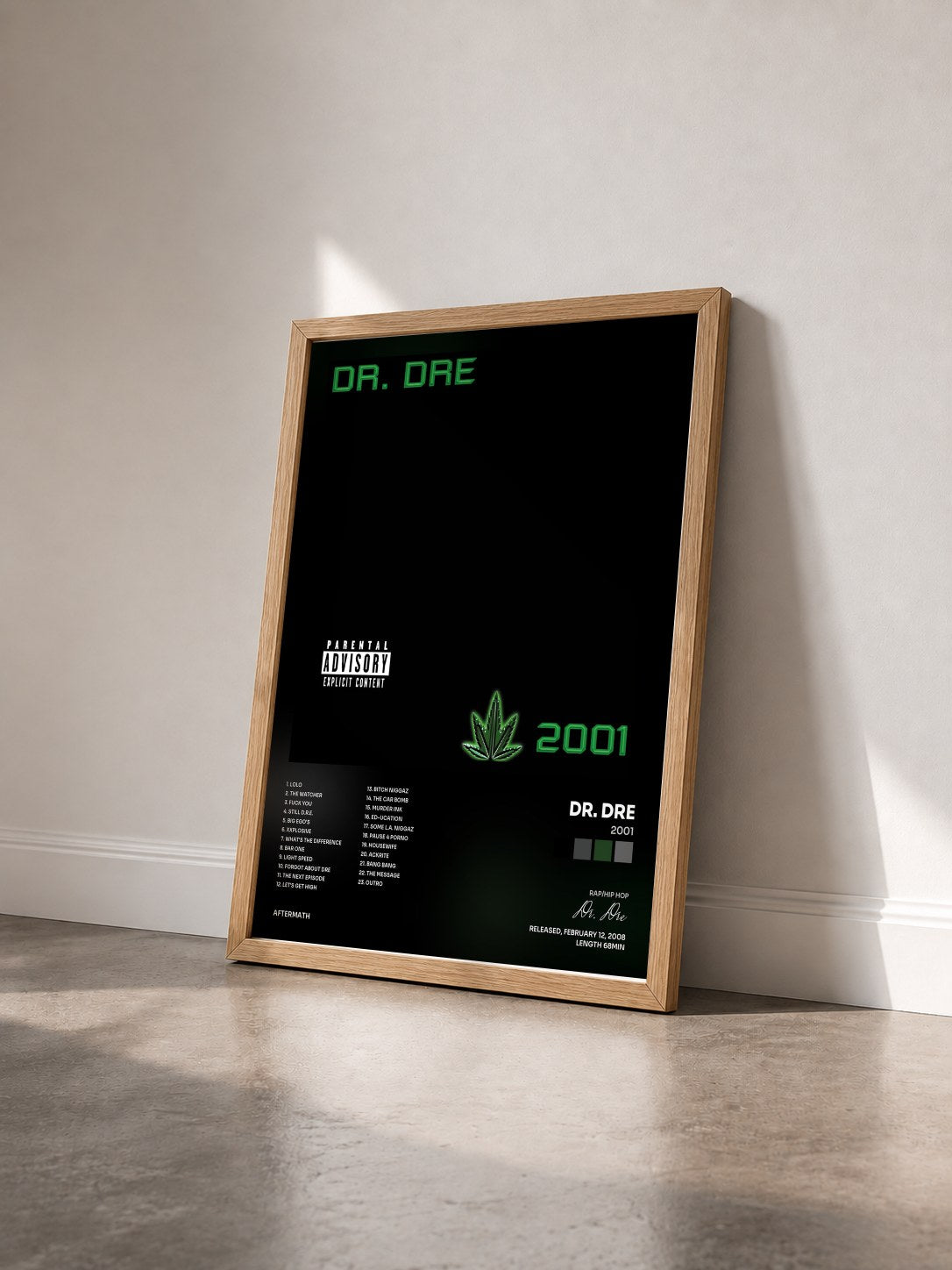 #bois Tableau de l'album 2001 de Dr. Dre vu de trois quarts, cadre en bois brut