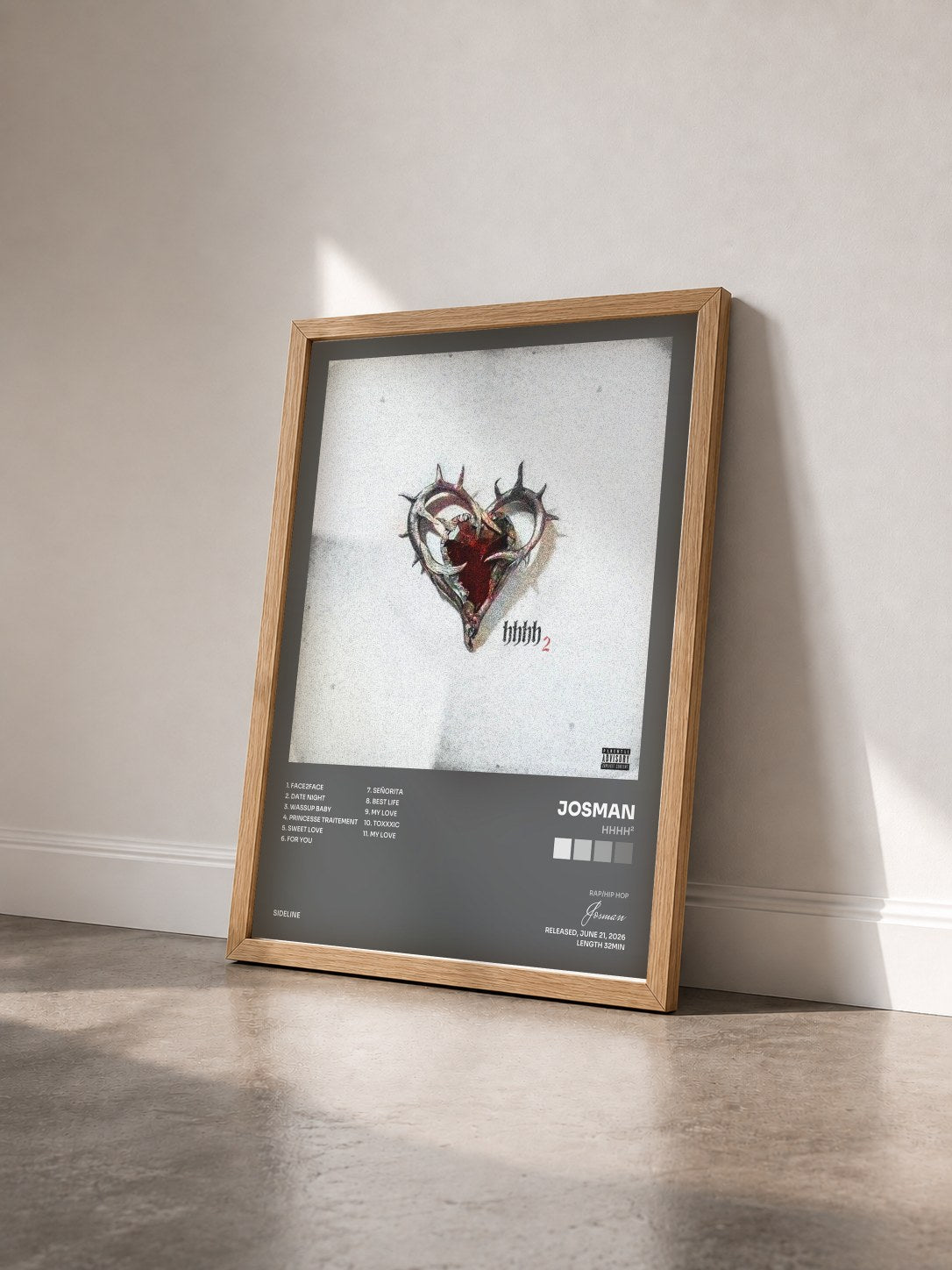 #bois Tableau de l'album HHHH² de Josman vu de trois quarts, cadre en bois brut