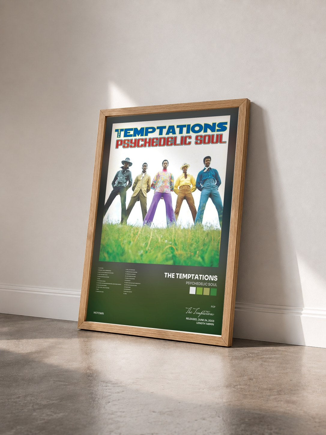 #bois Tableau de l'album Psychedelic Soul de The Temptations vu de trois quarts, cadre en bois brut