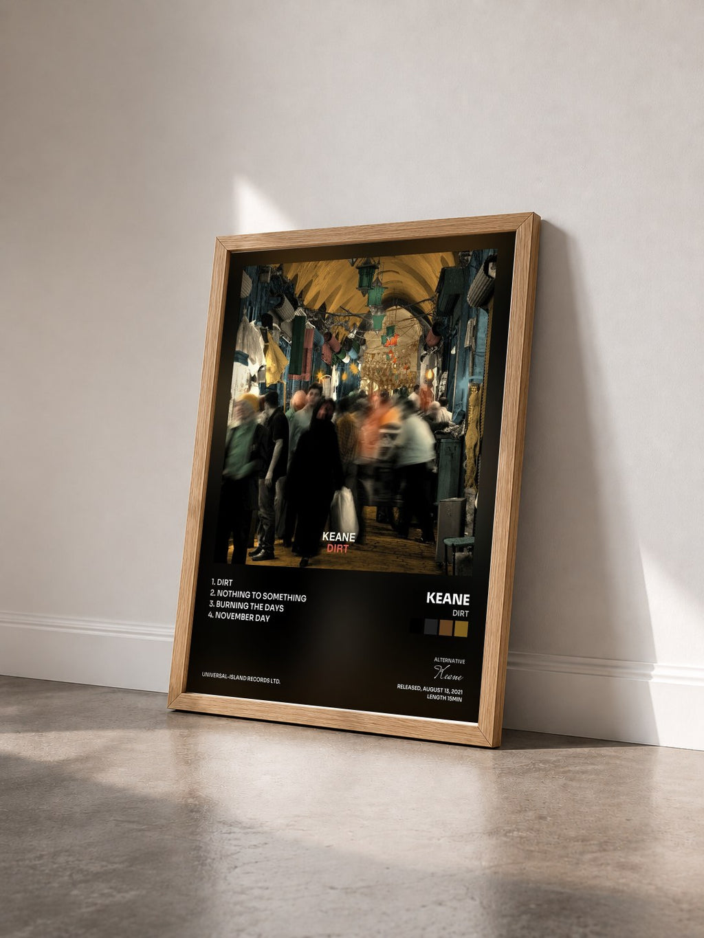 #bois Tableau de l'album Dirt de Keane vu de trois quarts, cadre en bois brut