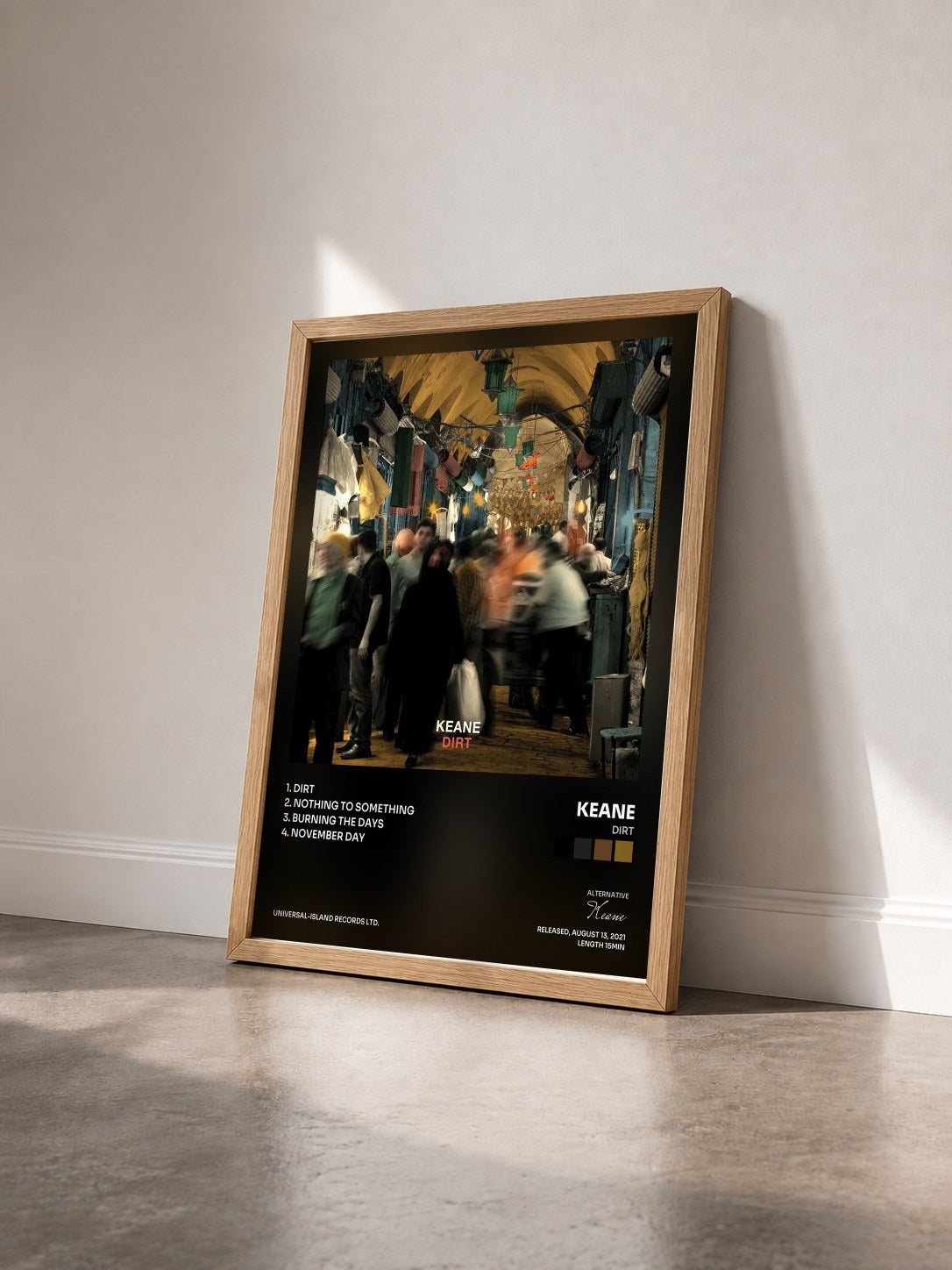 #bois Tableau de l'album Dirt de Keane vu de trois quarts, cadre en bois brut