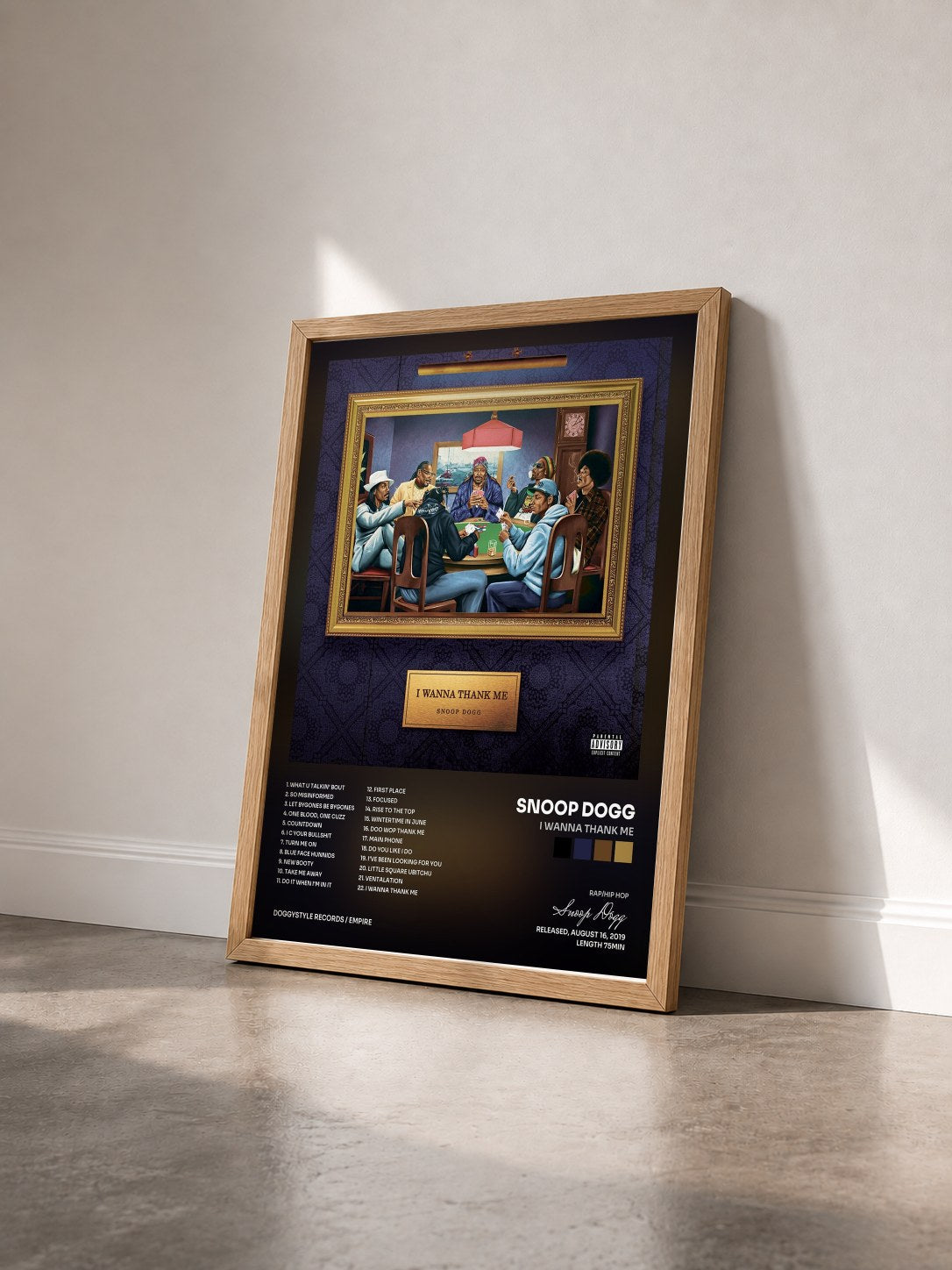 #bois Tableau de l'album I Wanna Thank Me de Snoop Dogg vu de trois quarts, cadre en bois brut