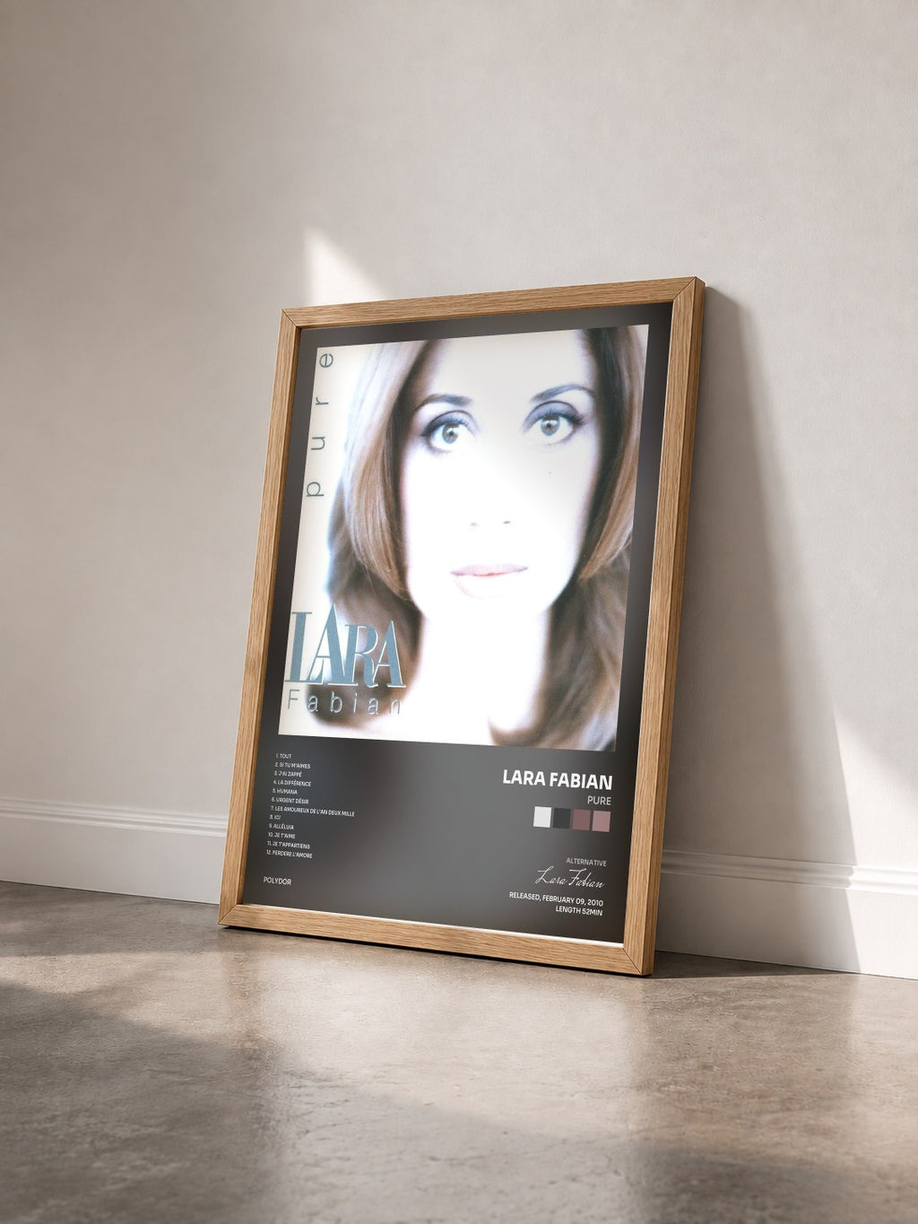 #bois Tableau de l'album Pure de Lara Fabian vu de trois quarts, cadre en bois brut