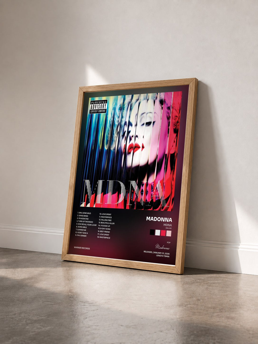#bois Tableau de l'album MDNA (Deluxe) de Madonna vu de trois quarts, cadre en bois brut