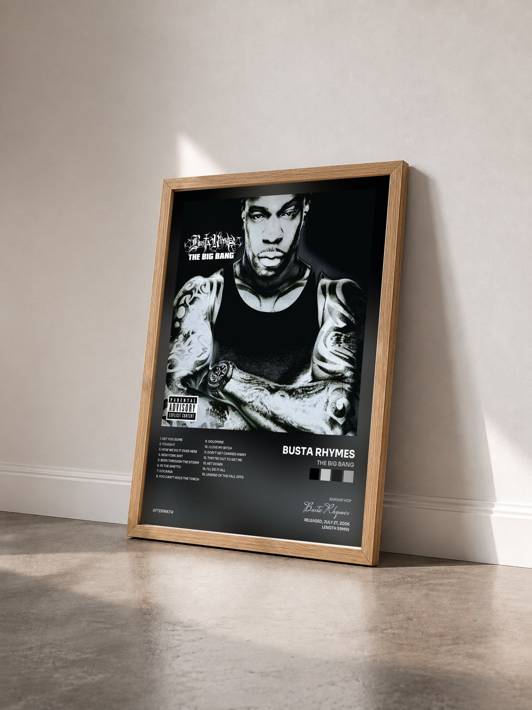 #bois Tableau de l'album The Big Bang de Busta Rhymes vu de trois quarts, cadre en bois brut