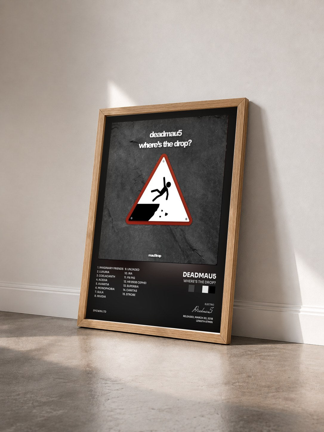 #bois Tableau de l'album where's the drop? de Deadmau5 vu de trois quarts, cadre en bois brut