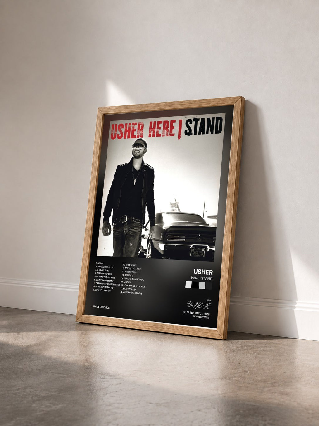 #bois Tableau de l'album Here I Stand de USHER vu de trois quarts, cadre en bois brut