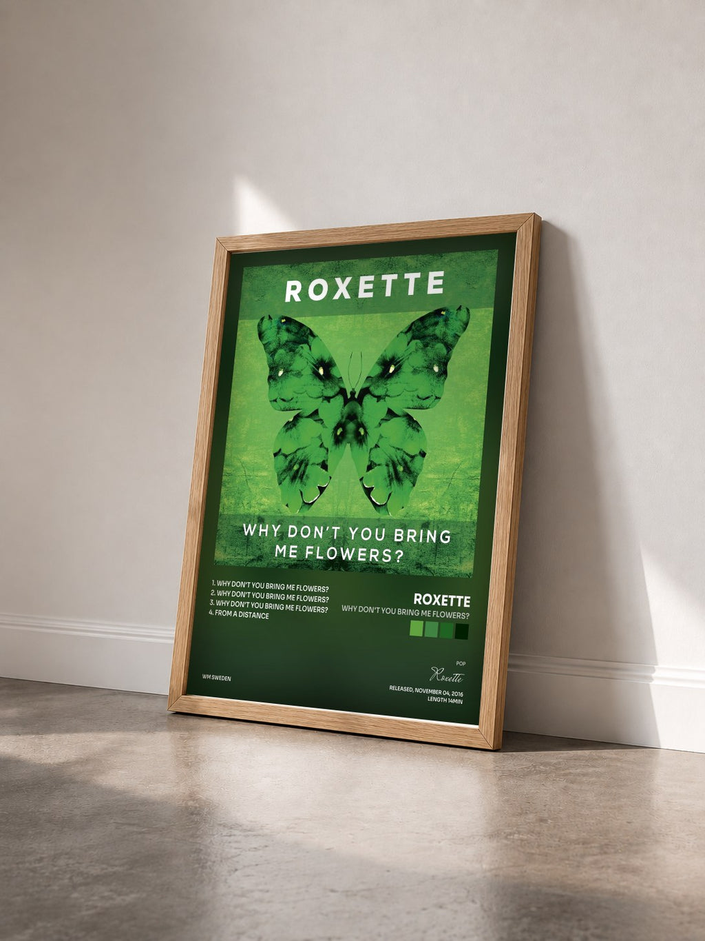 #bois Tableau de l'album Why Don't You Bring Me Flowers? de Roxette vu de trois quarts, cadre en bois brut