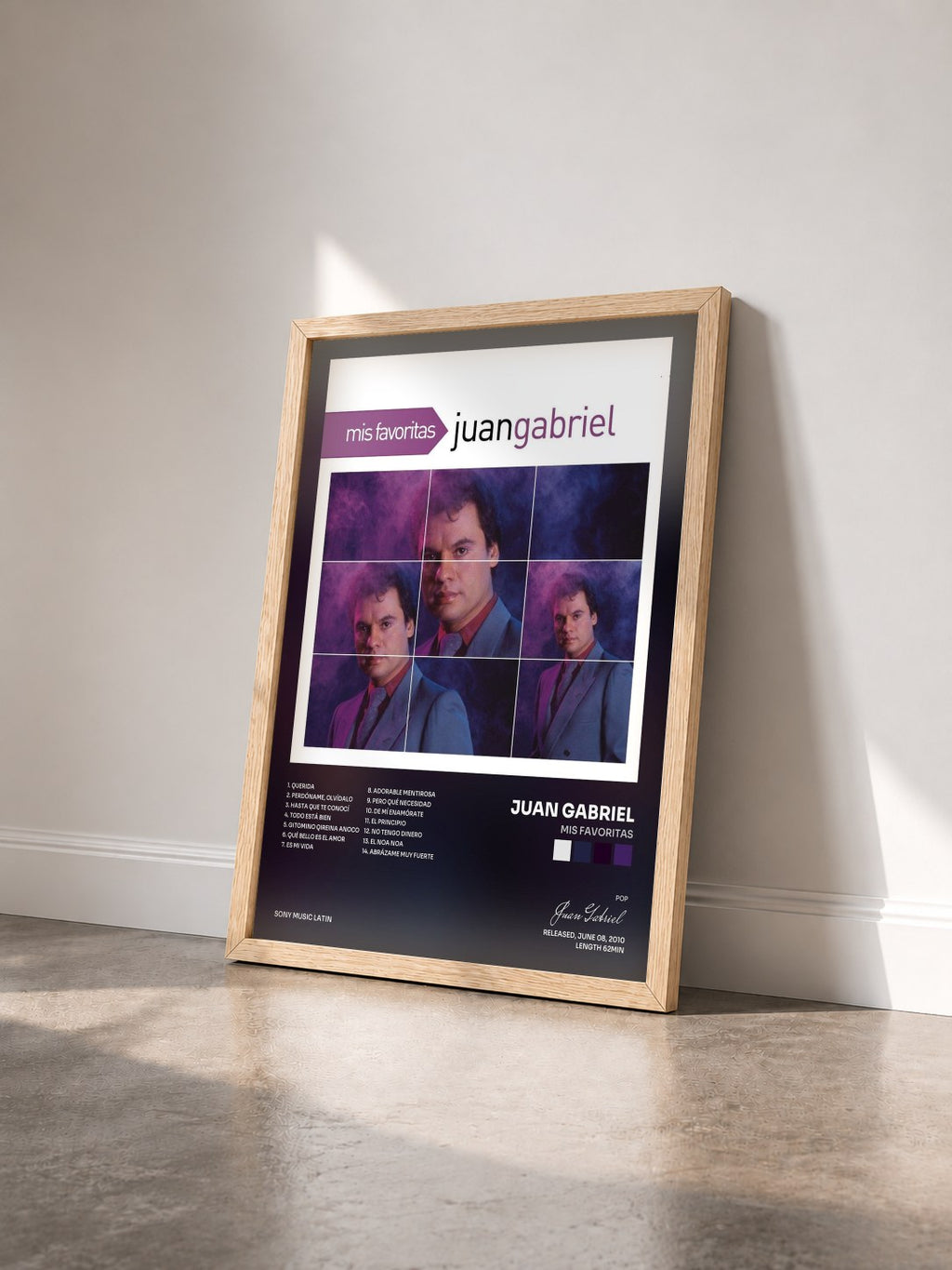 #bois Tableau de l'album Mis Favoritas de Juan Gabriel vu de trois quarts, cadre en bois brut
