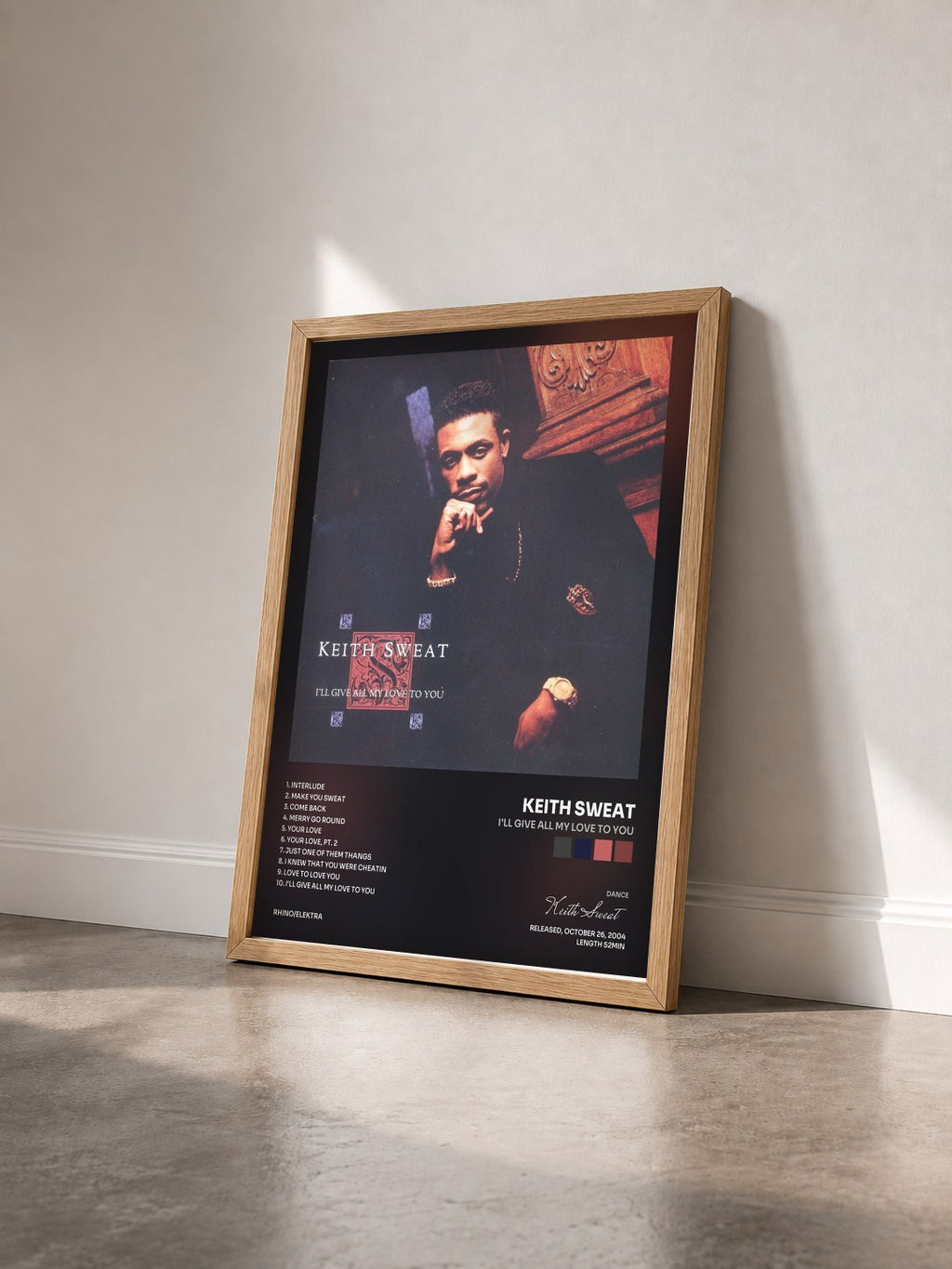 #bois Tableau de l'album I'll Give All My Love to You de Keith Sweat vu de trois quarts, cadre en bois brut