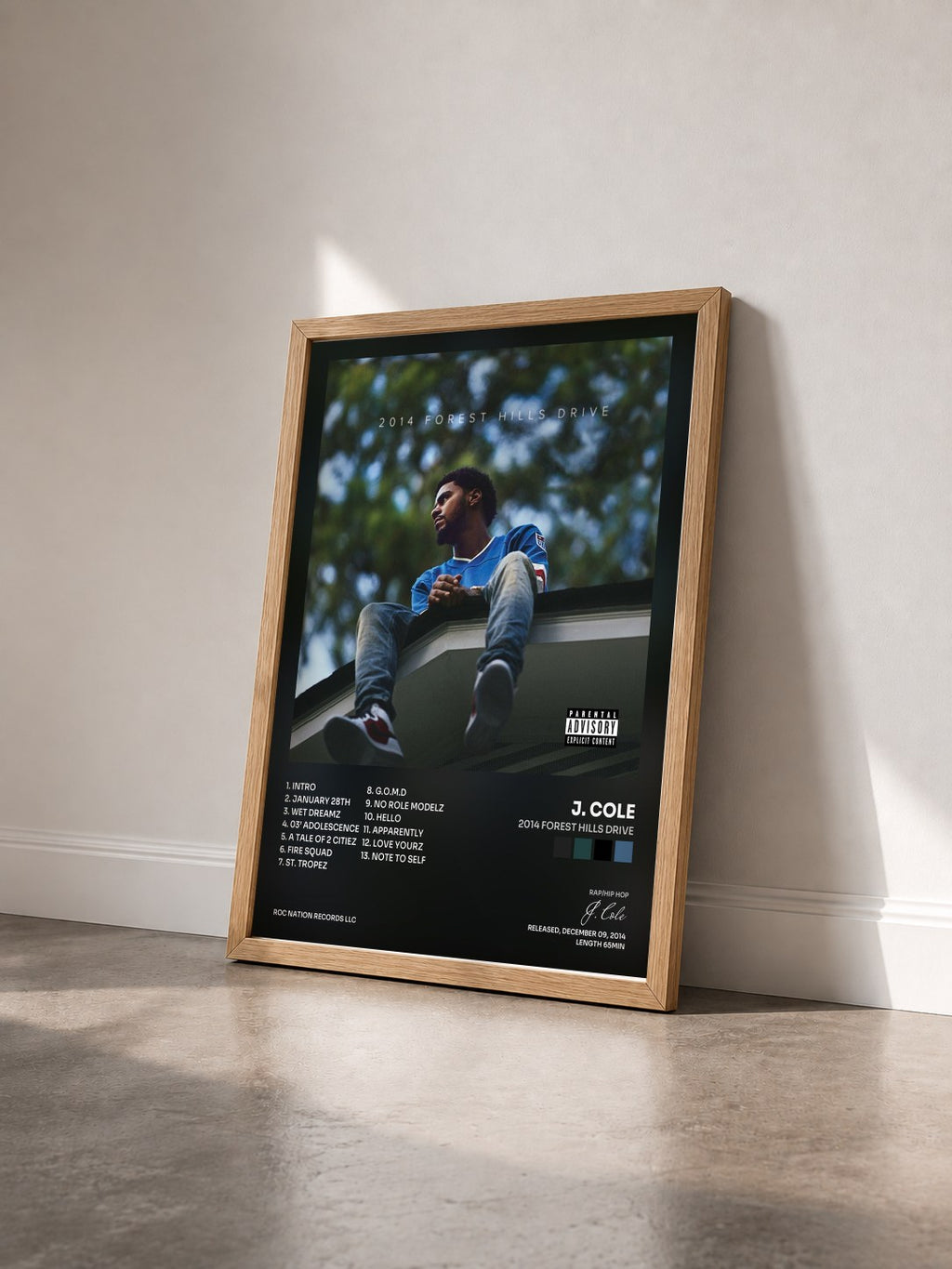 #bois Tableau de l'album 2014 Forest Hills Drive de J. Cole vu de trois quarts, cadre en bois brut