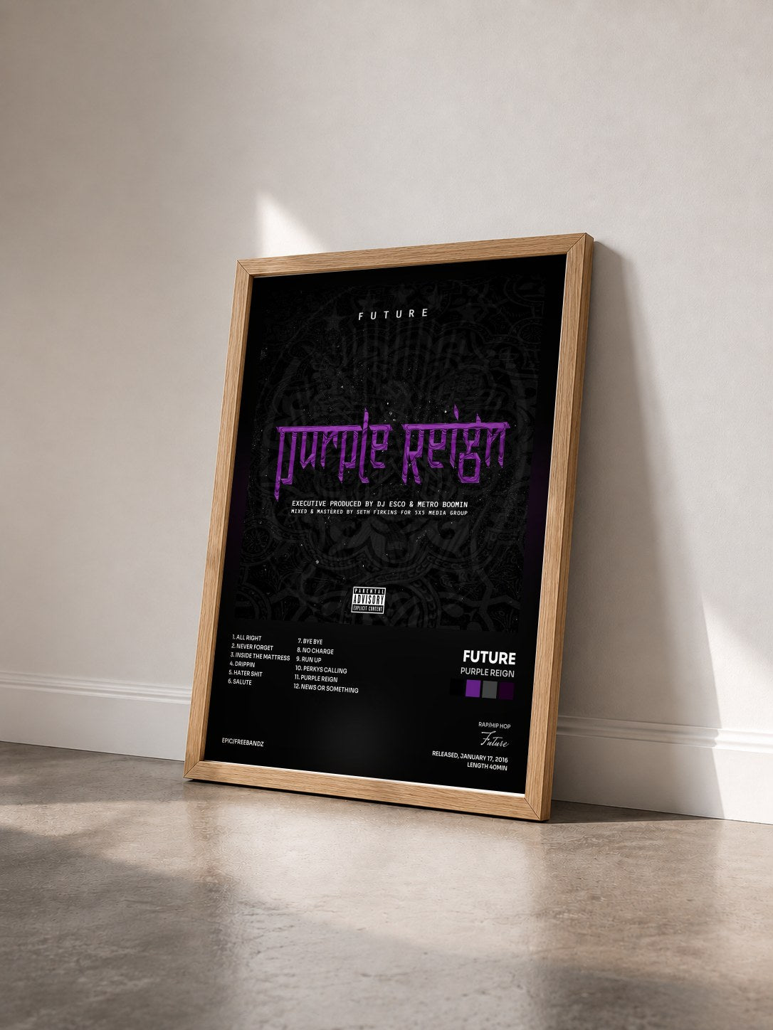 #bois Tableau de l'album Purple Reign de Future vu de trois quarts, cadre en bois brut