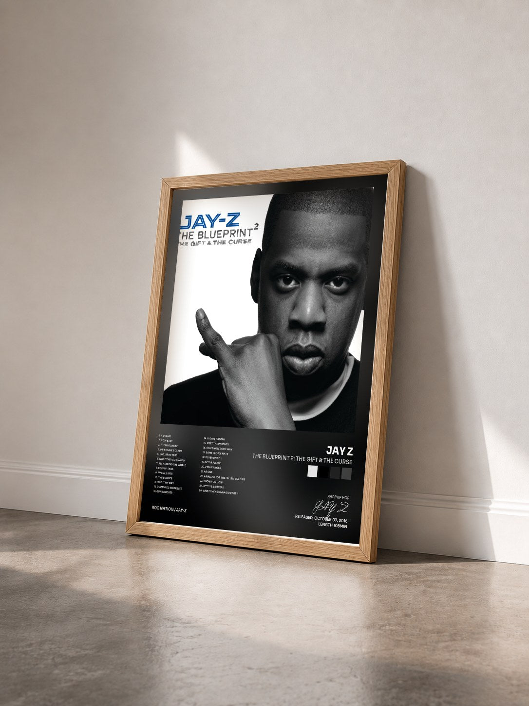 #bois Tableau de l'album The Blueprint 2: The Gift & The Curse de JAY Z vu de trois quarts, cadre en bois brut