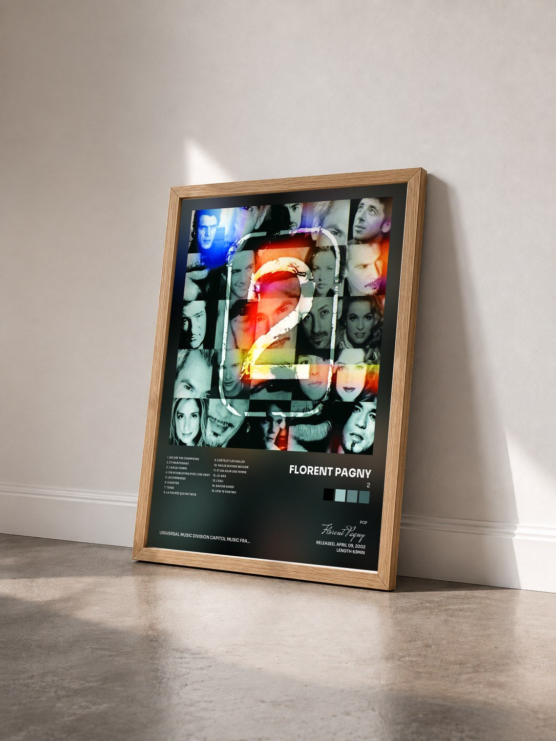 #bois Tableau de l'album 2 de Florent Pagny vu de trois quarts, cadre en bois brut