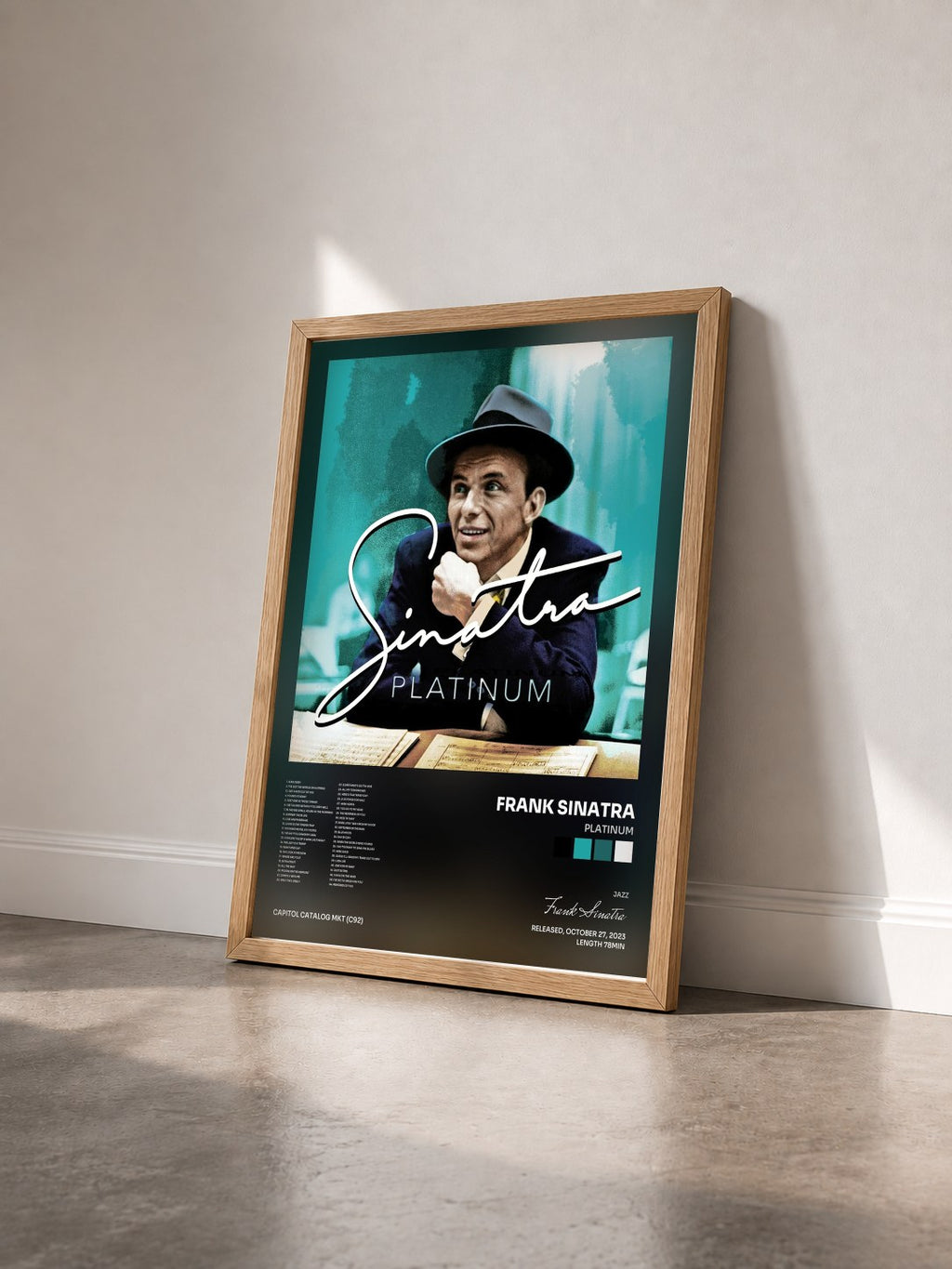 #bois Tableau de l'album Platinum de Frank Sinatra vu de trois quarts, cadre en bois brut