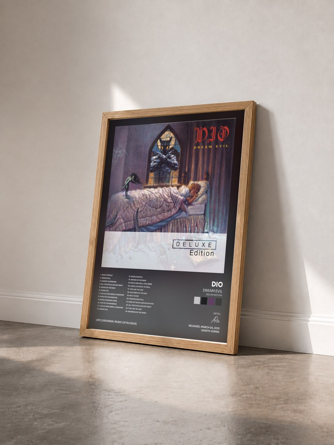 #bois Tableau de l'album Dream Evil (Deluxe Edition) de Dio vu de trois quarts, cadre en bois brut