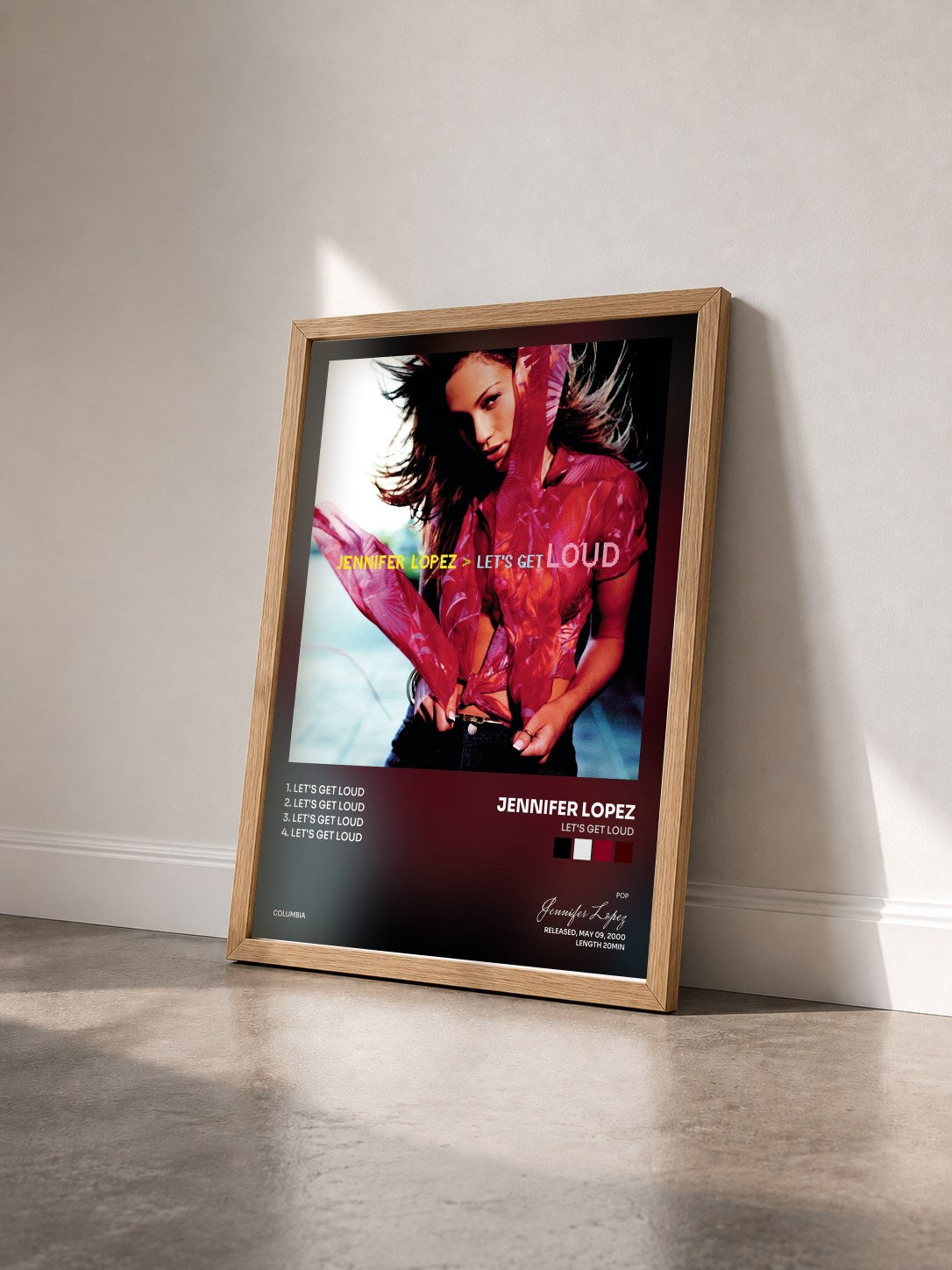 #bois Tableau de l'album Let's Get Loud de Jennifer Lopez vu de trois quarts, cadre en bois brut