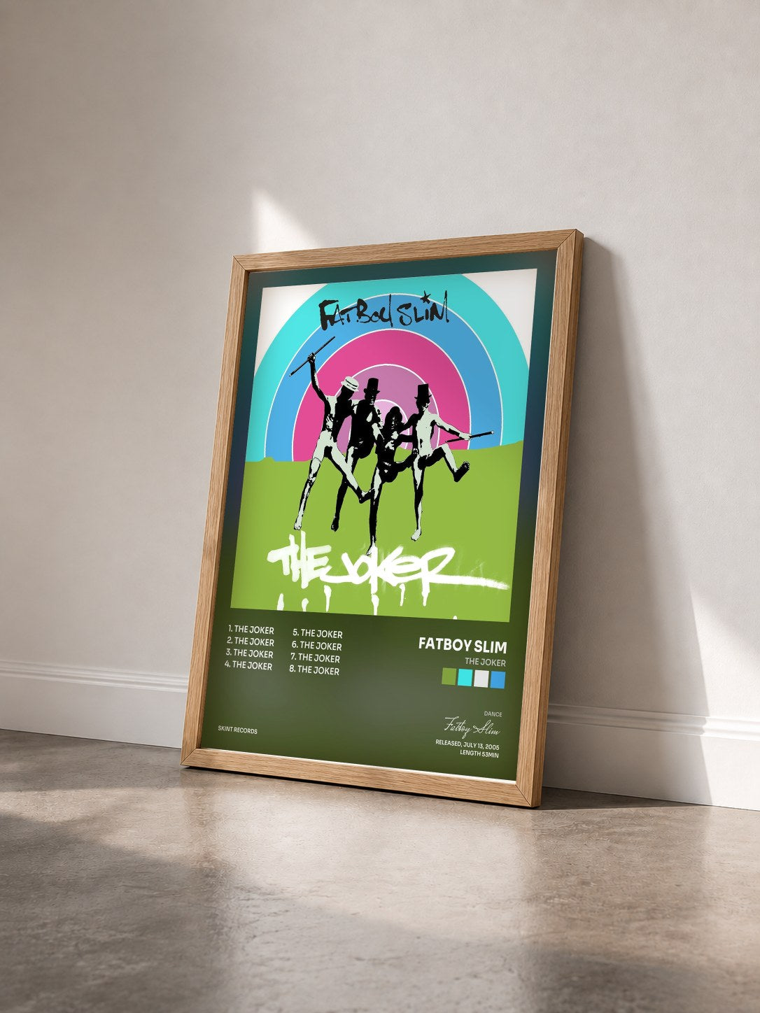 #bois Tableau de l'album The Joker de Fatboy Slim vu de trois quarts, cadre en bois brut