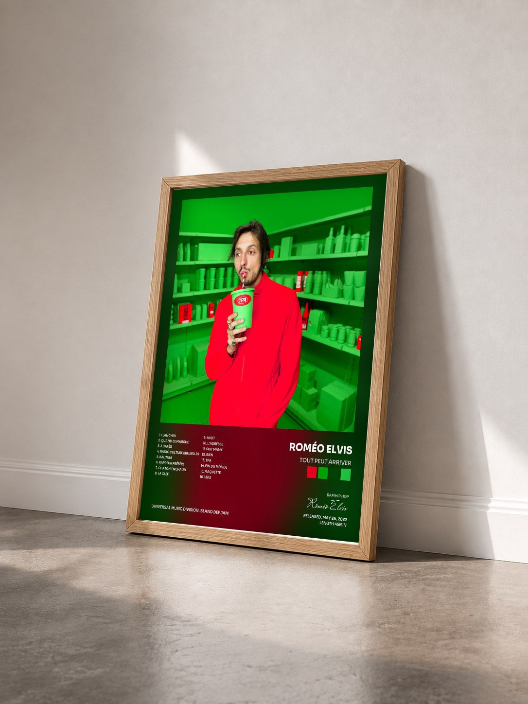 #bois Tableau de l'album TOUT PEUT ARRIVER de Roméo Elvis vu de trois quarts, cadre en bois brut