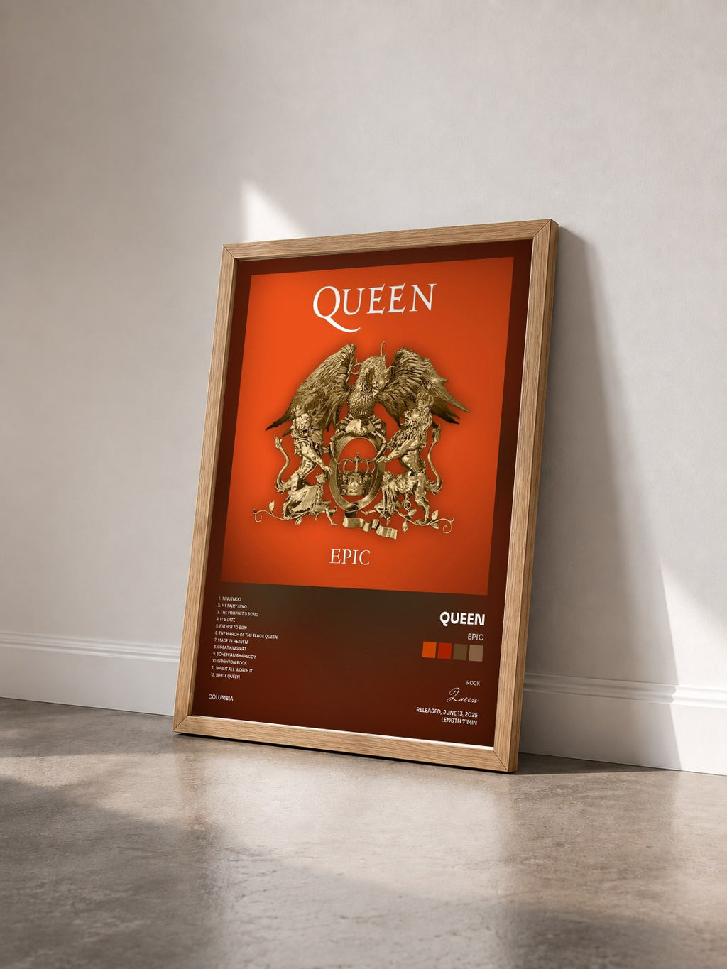 #bois Tableau de l'album Epic de Queen vu de trois quarts, cadre en bois brut