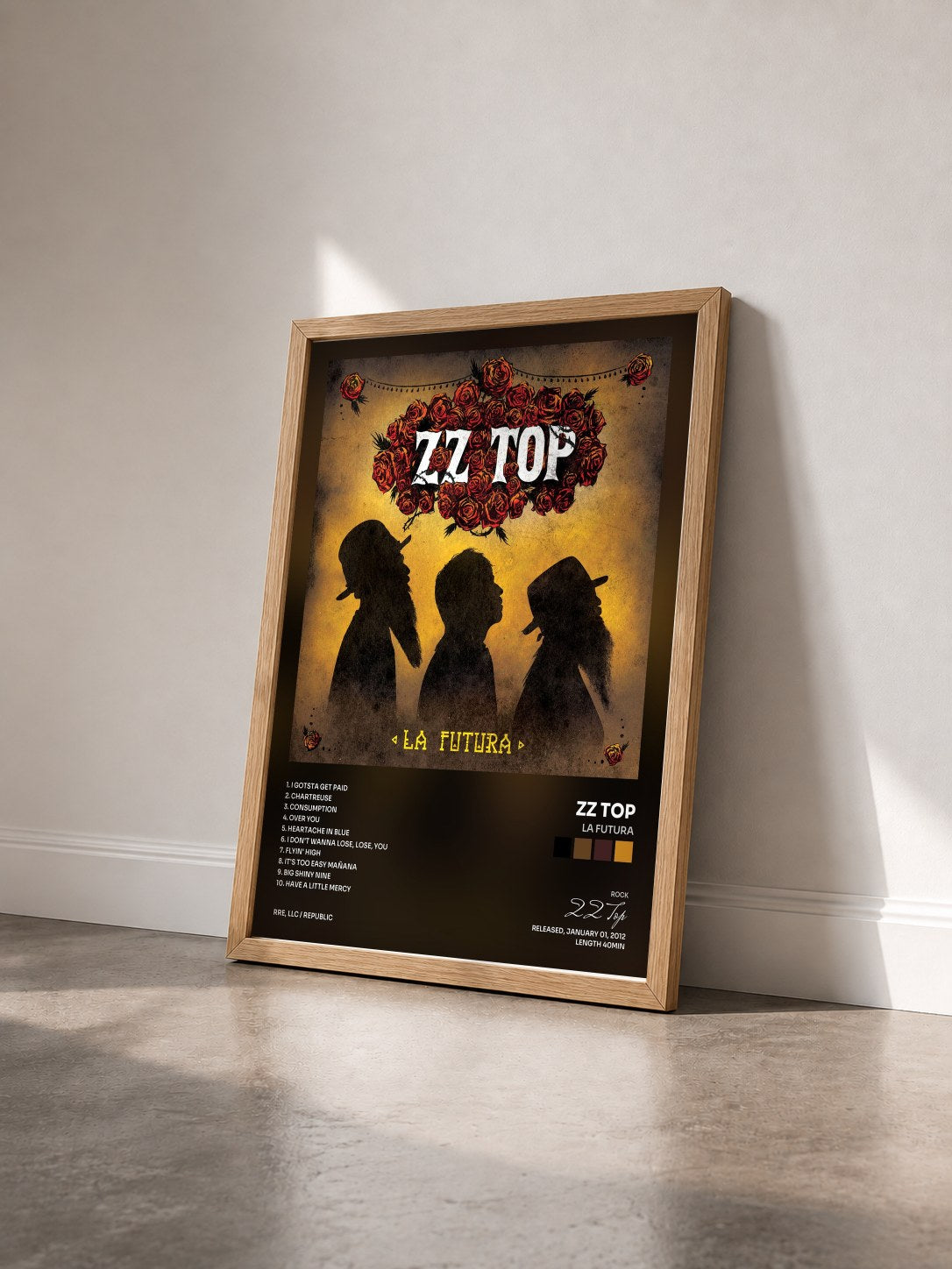 #bois Tableau de l'album La Futura de ZZ Top vu de trois quarts, cadre en bois brut