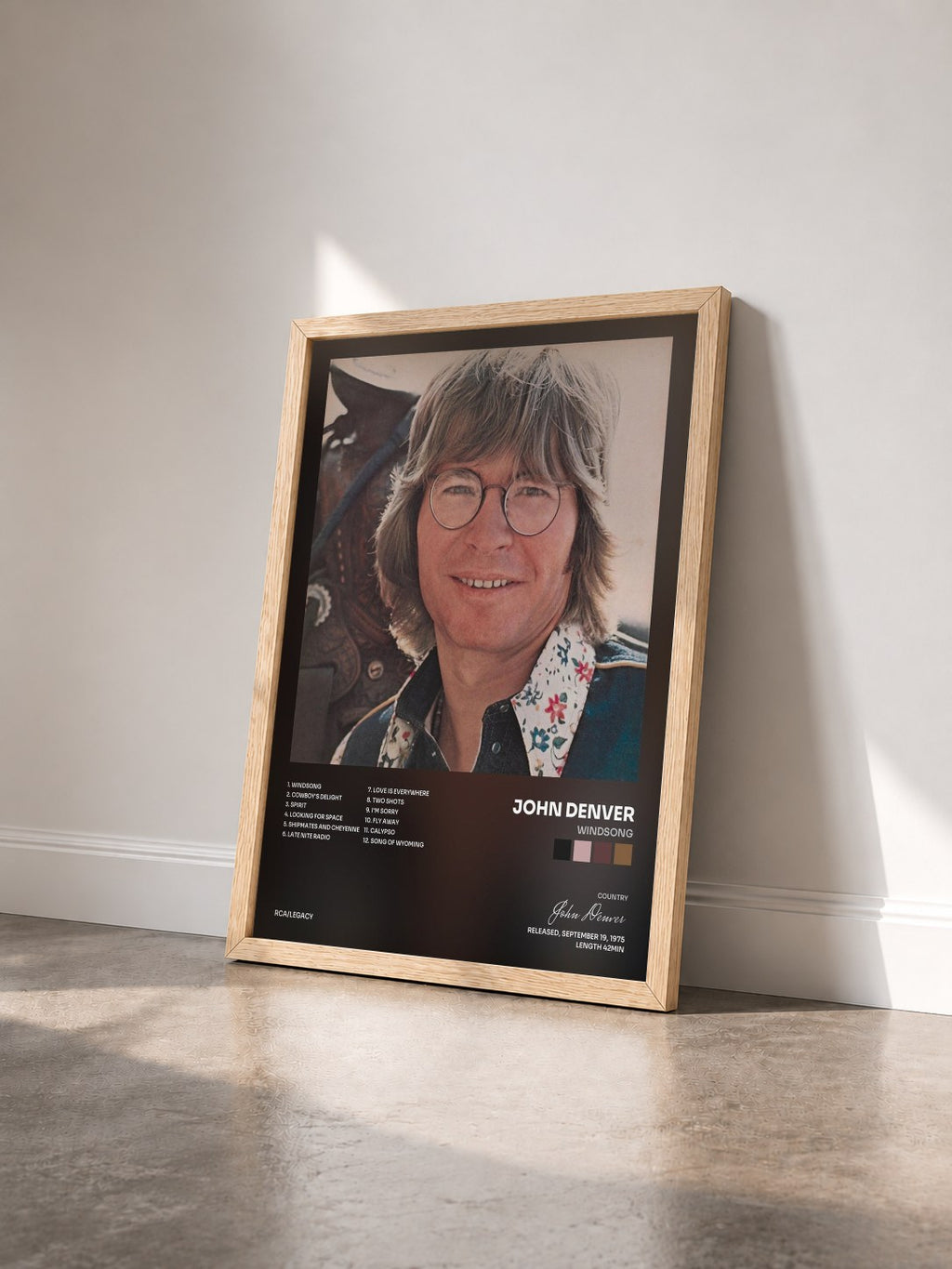 #bois Tableau de l'album Windsong de John Denver vu de trois quarts, cadre en bois brut