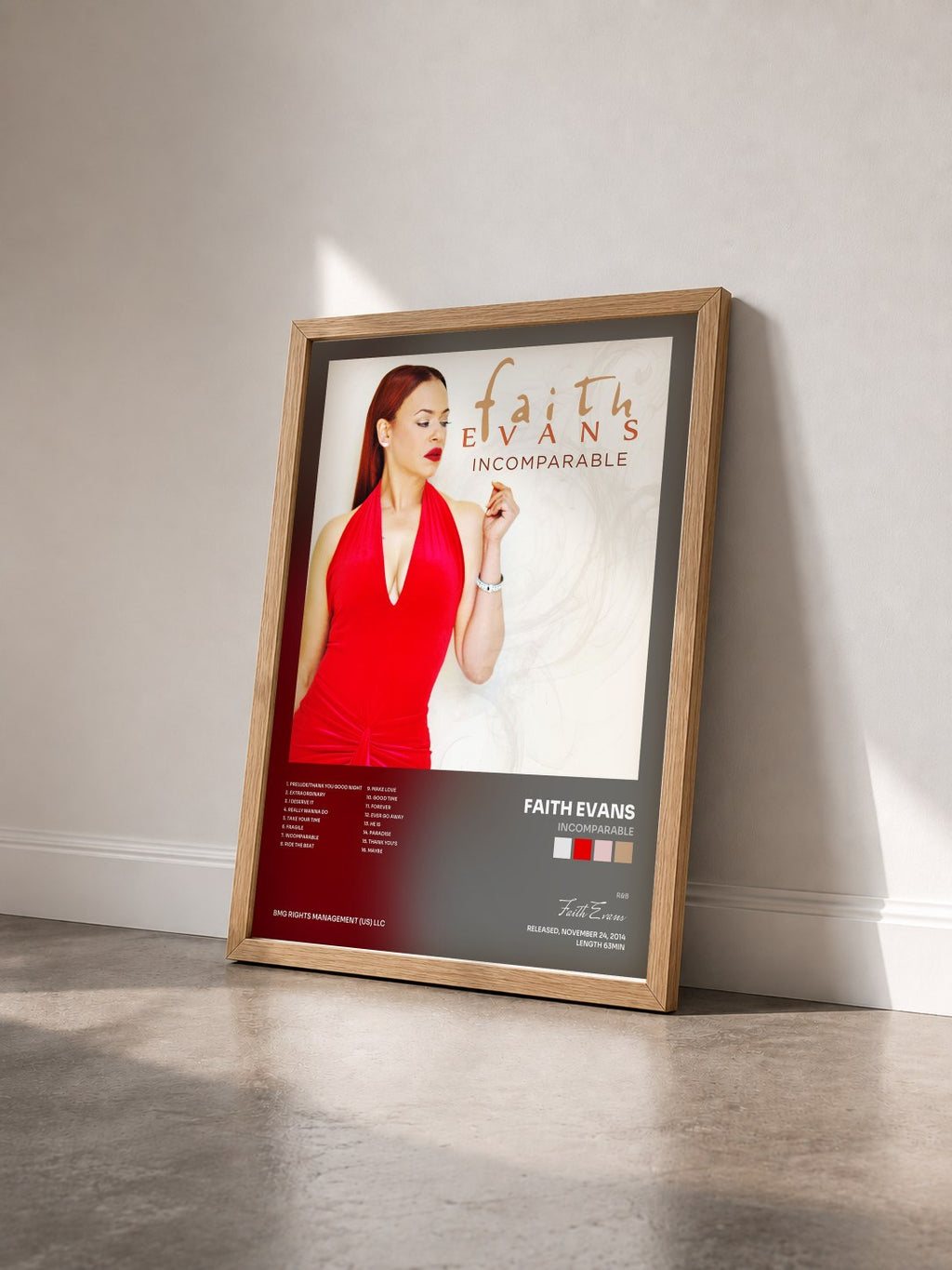 #bois Tableau de l'album Incomparable de Faith Evans vu de trois quarts, cadre en bois brut