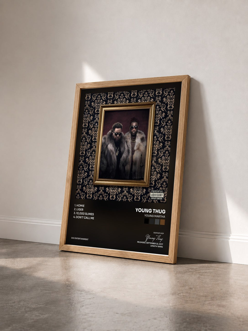 #bois Tableau de l'album Young Martha de Young Thug vu de trois quarts, cadre en bois brut