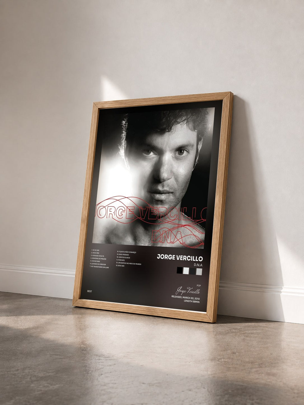 #bois Tableau de l'album D.N.A de Jorge Vercillo vu de trois quarts, cadre en bois brut