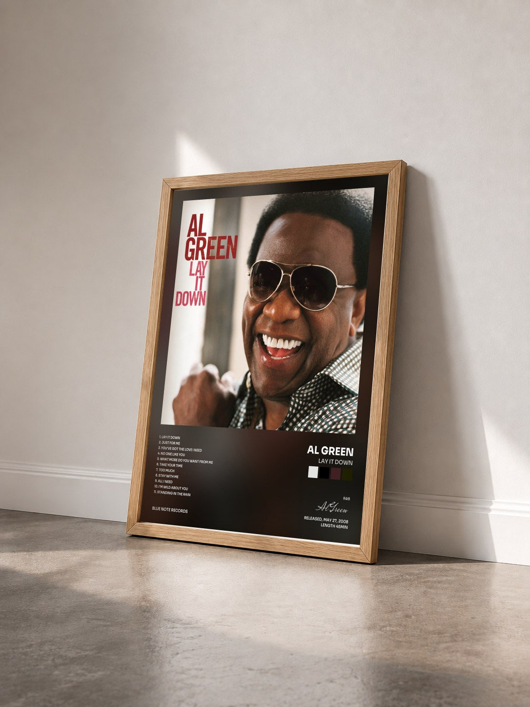 #bois Tableau de l'album Lay It Down de Al Green vu de trois quarts, cadre en bois brut