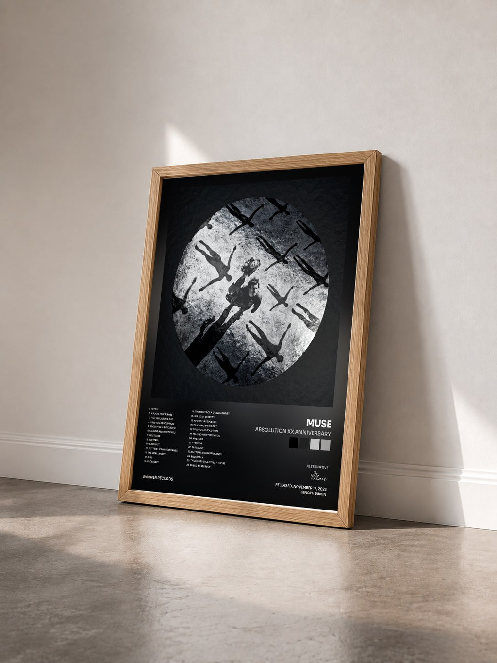 #bois Tableau de l'album Absolution XX Anniversary de Muse vu de trois quarts, cadre en bois brut