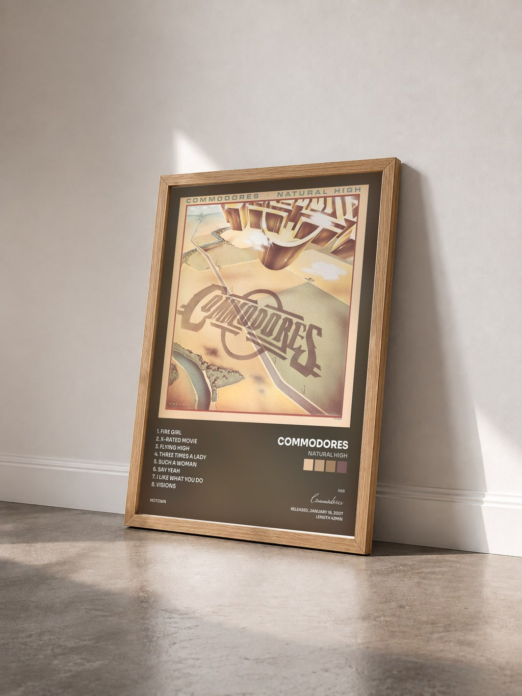 #bois Tableau de l'album Natural High de Commodores vu de trois quarts, cadre en bois brut
