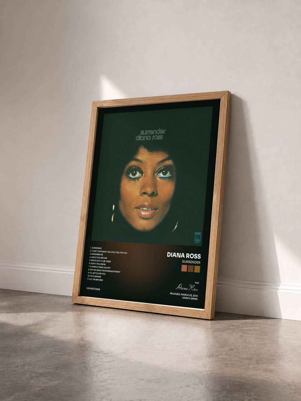 #bois Tableau de l'album Surrender de Diana Ross vu de trois quarts, cadre en bois brut