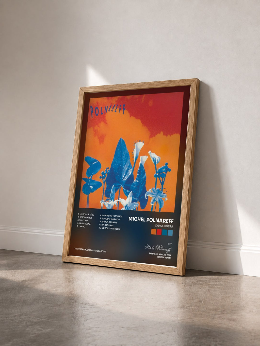 #bois Tableau de l'album Kâma-Sûtra de Michel Polnareff vu de trois quarts, cadre en bois brut