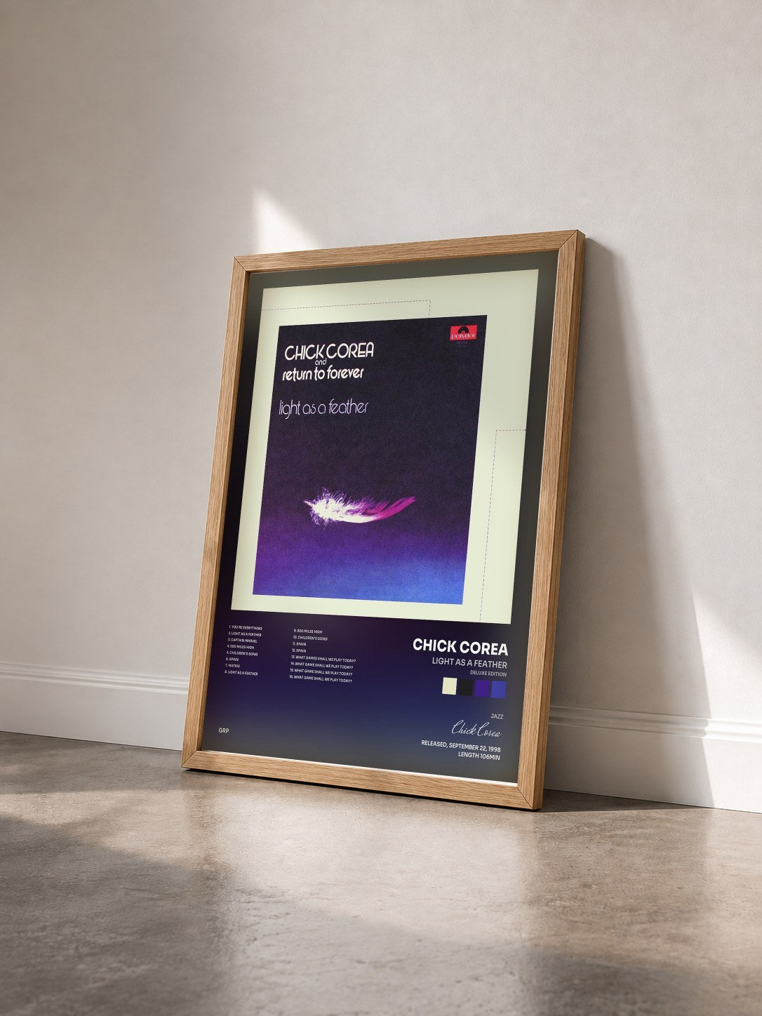 #bois Tableau de l'album Light As A Feather (Deluxe Edition) de Chick Corea vu de trois quarts, cadre en bois brut