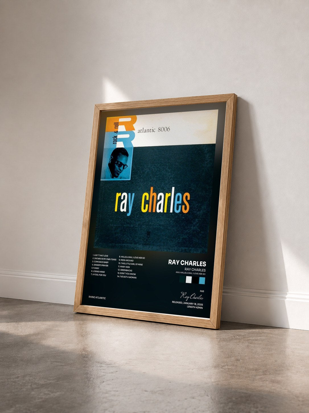 #bois Tableau de l'album Ray Charles (aka: Hallelujah, I Love Her So) de Ray Charles vu de trois quarts, cadre en bois brut