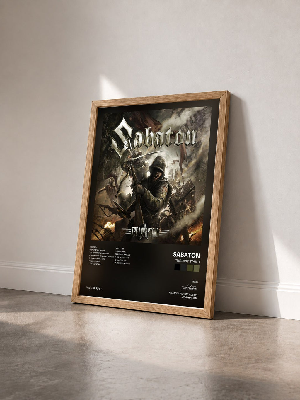 #bois Tableau de l'album The Last Stand de Sabaton vu de trois quarts, cadre en bois brut