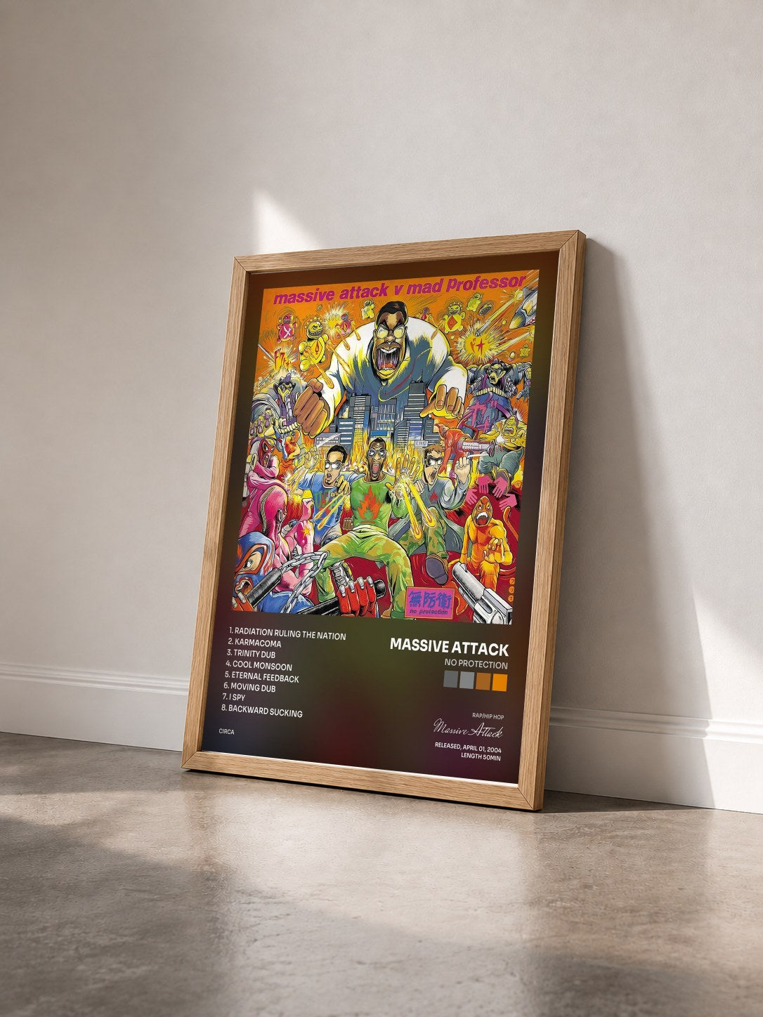 #bois Tableau de l'album No Protection de Massive Attack vu de trois quarts, cadre en bois brut