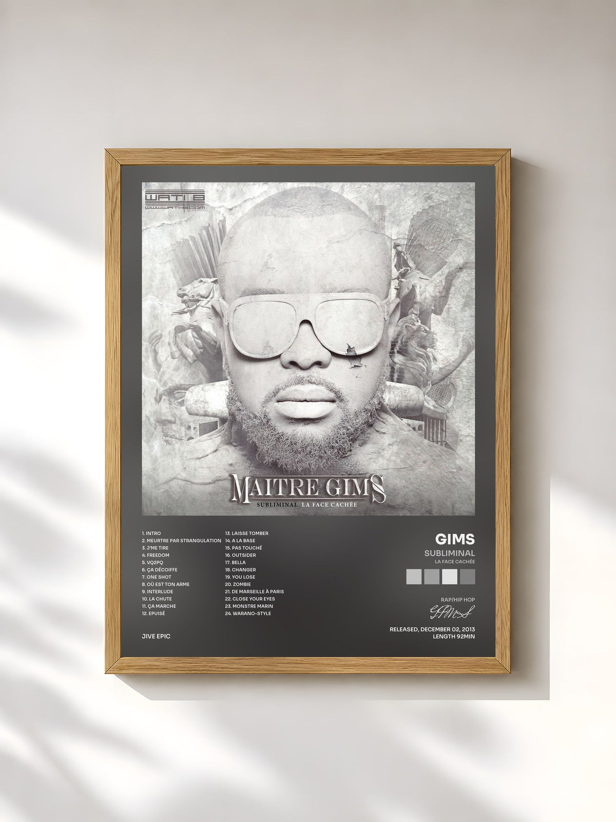 #bois Tableau de l'album Subliminal (La face cachée) de GIMS, cadre en bois brut, imprimé et encadré en France