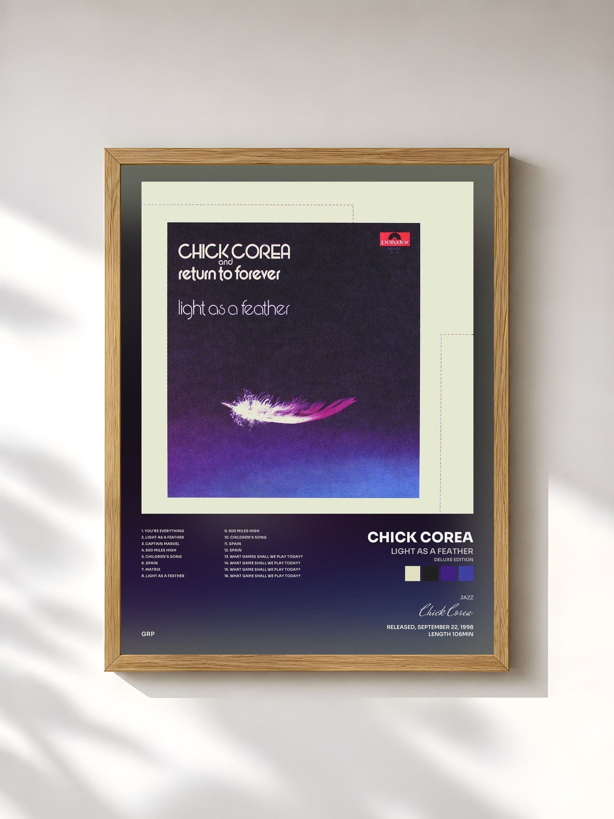 #bois Tableau de l'album Light As A Feather (Deluxe Edition) de Chick Corea, cadre en bois brut, imprimé et encadré en France