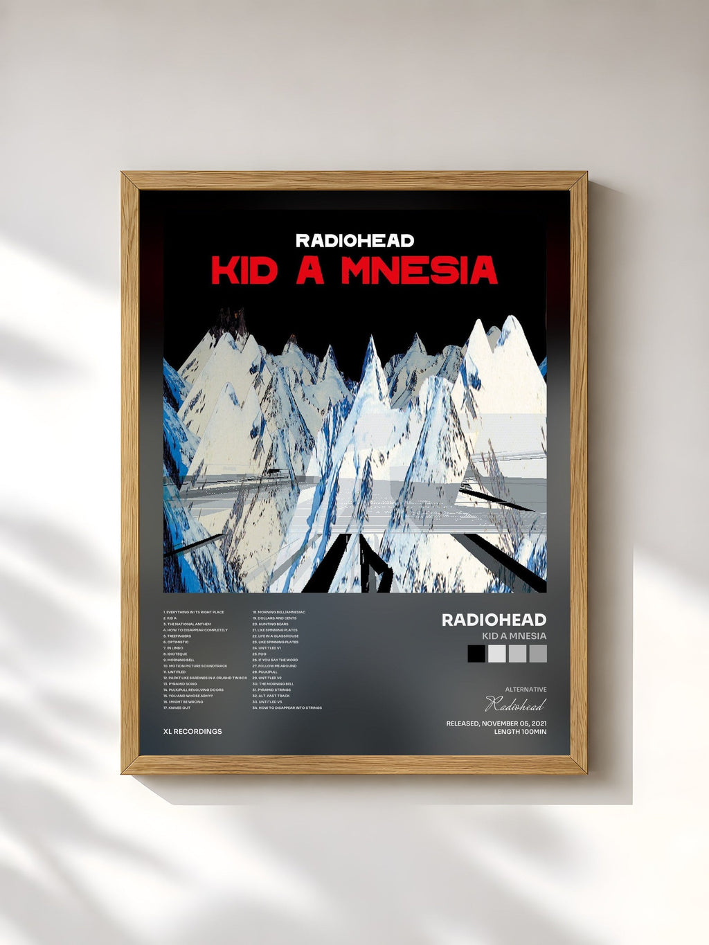 #bois Tableau de l'album KID A MNESIA de Radiohead, cadre en bois brut, imprimé et encadré en France