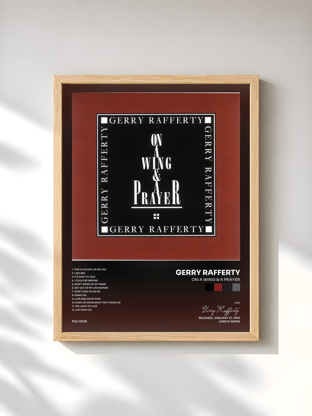 #bois Tableau de l'album On A Wing & A Prayer de Gerry Rafferty, cadre en bois brut, imprimé et encadré en France
