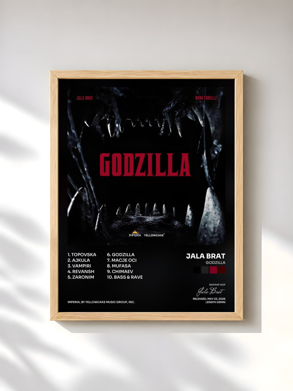 #bois Tableau de l'album GODZILLA de Jala Brat, cadre en bois brut, imprimé et encadré en France