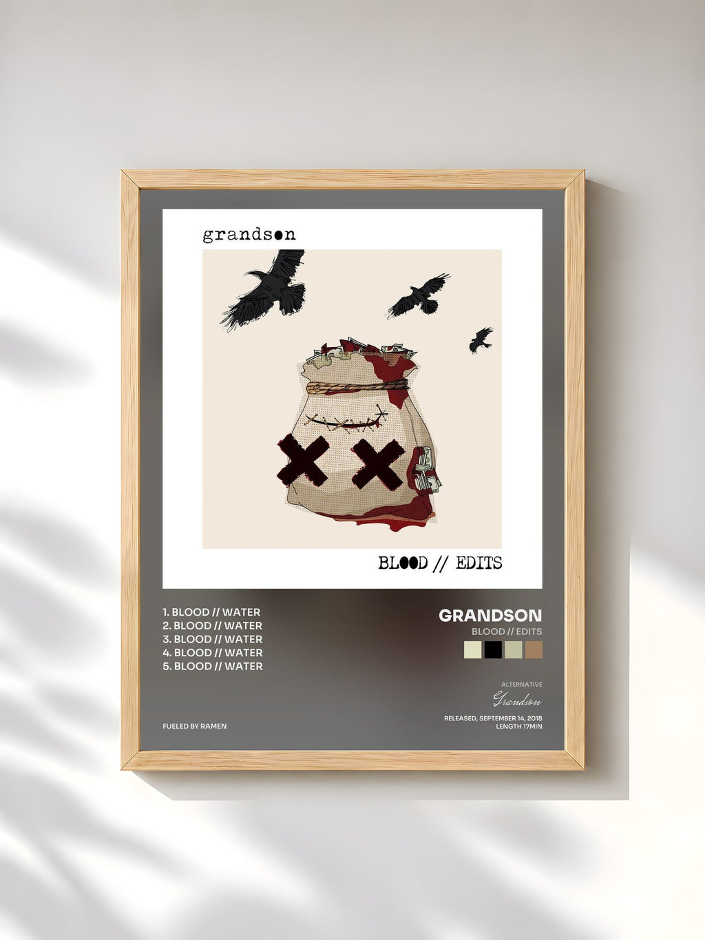 #bois Tableau de l'album BLOOD // EDITS de Grandson, cadre en bois brut, imprimé et encadré en France