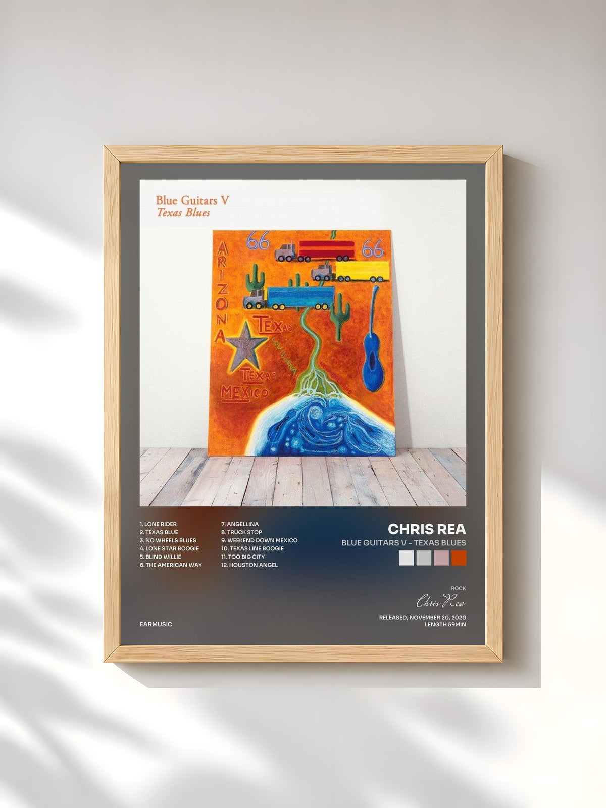 #bois Tableau de l'album Blue Guitars V - Texas Blues de Chris Rea, cadre en bois brut, imprimé et encadré en France