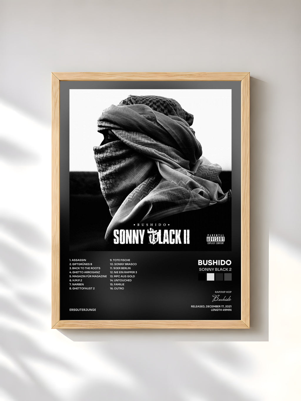 #bois Tableau de l'album Sonny Black 2 de Bushido, cadre en bois brut, imprimé et encadré en France