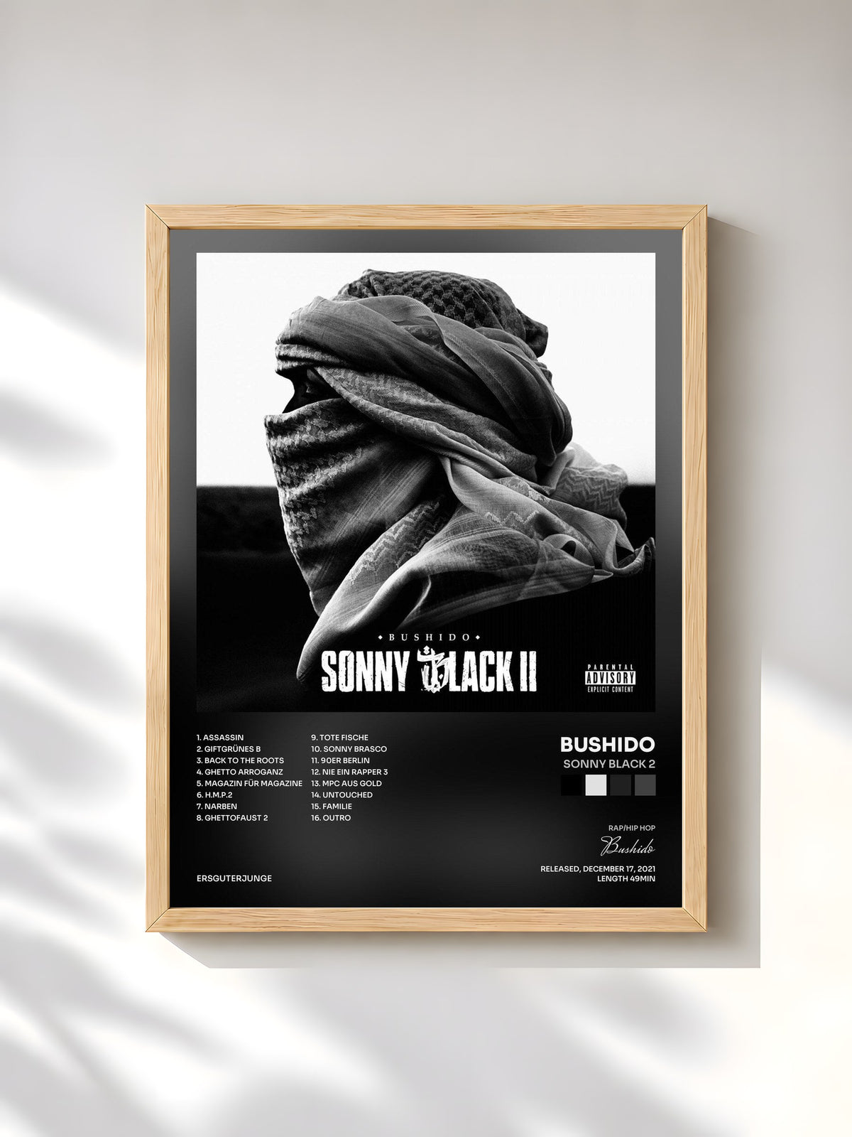 #bois Tableau de l'album Sonny Black 2 de Bushido, cadre en bois brut, imprimé et encadré en France