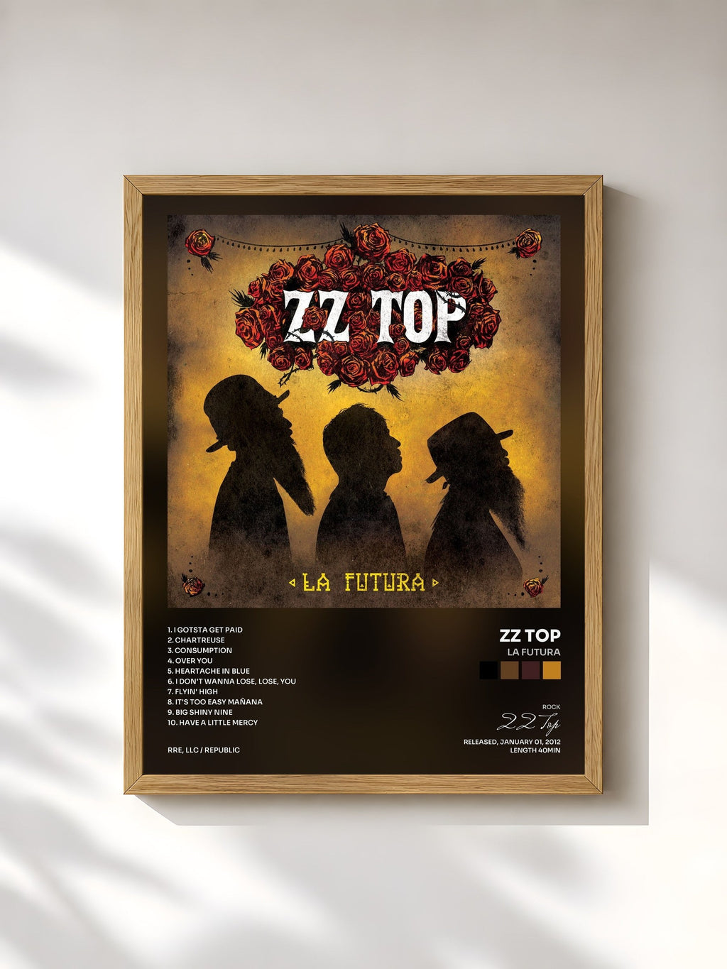 #bois Tableau de l'album La Futura de ZZ Top, cadre en bois brut, imprimé et encadré en France