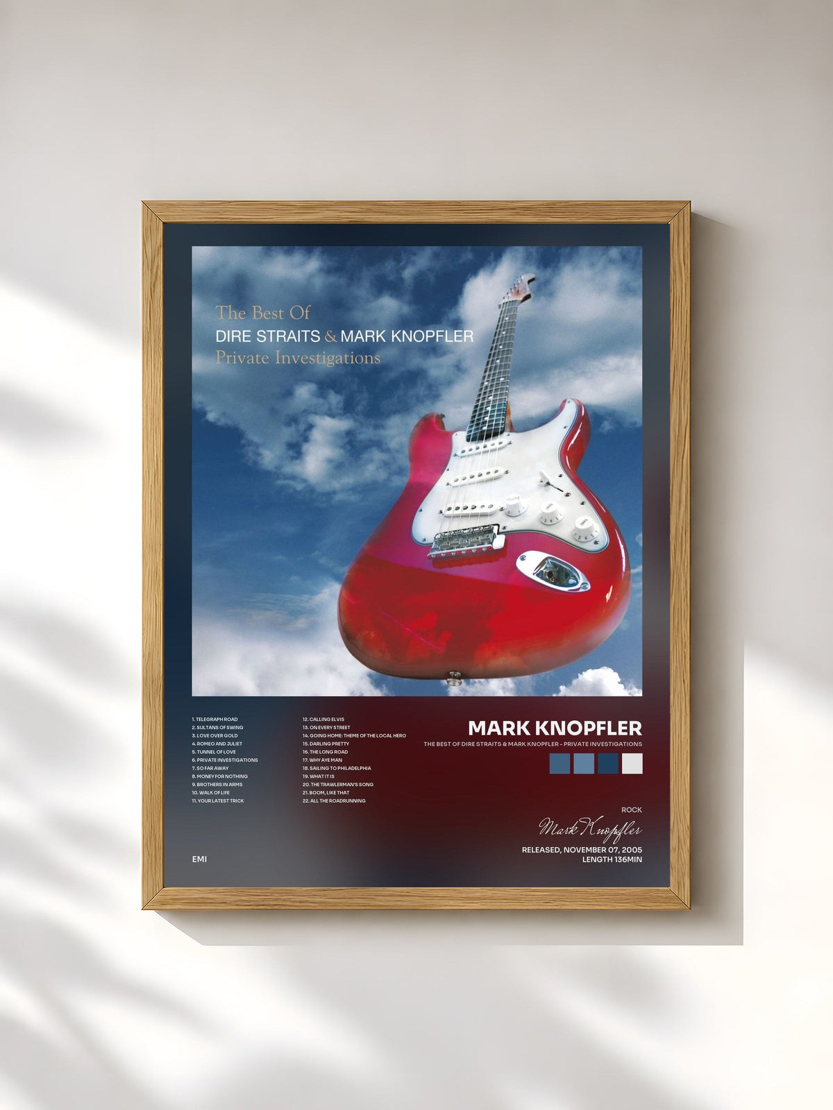 #bois Tableau de l'album The Best Of Dire Straits & Mark Knopfler - Private Investigations de Mark Knopfler, cadre en bois brut, imprimé et encadré en France