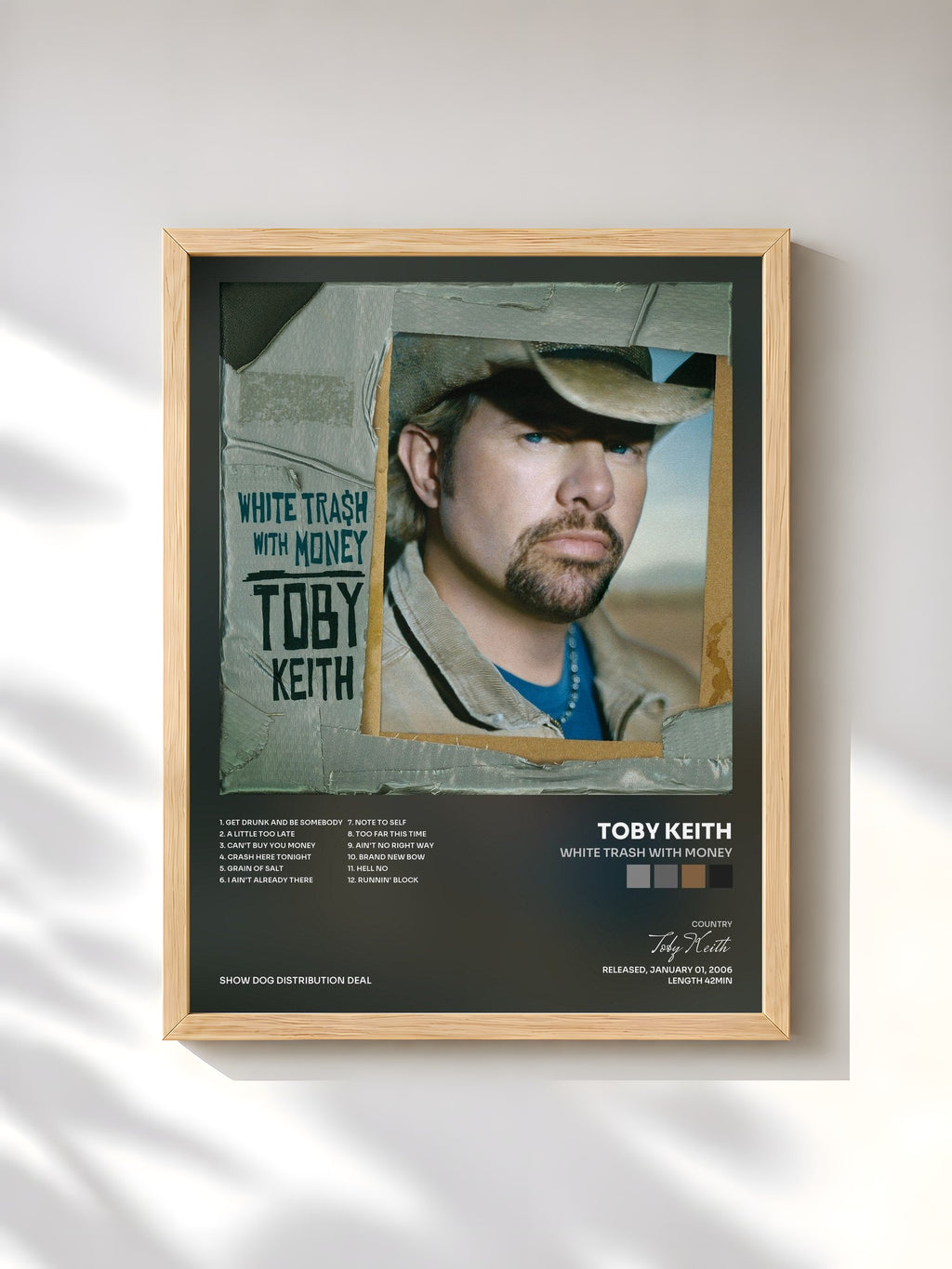 #bois Tableau de l'album White Trash With Money de Toby Keith, cadre en bois brut, imprimé et encadré en France